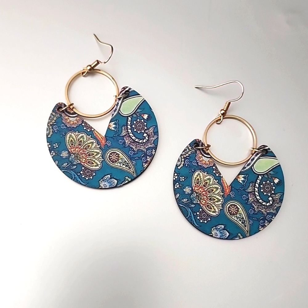 Boho Gypsy Wood  Colorful  Gold Dangle Earrings